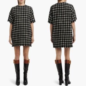 Valentino Houndstooth Tweed Wool Blend Shift Mini Dress Size 4 NWT Black White